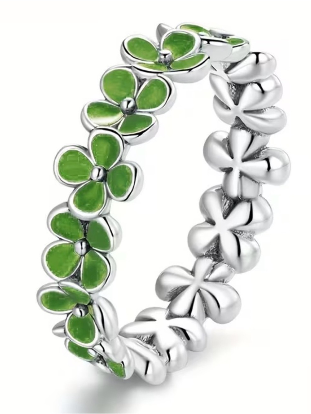 🍀 Green Clover Flower Eternity Band Ring Silver-Tone